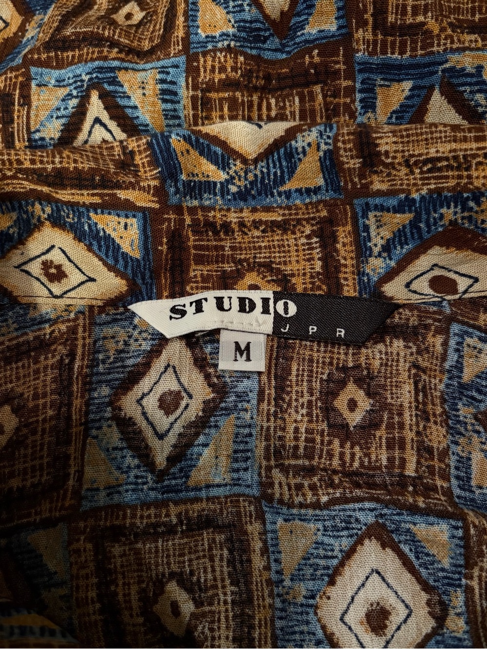 Studio JPR Women’s M Geometric Tie Front Blouse Brown Blue 90s Y2K - Picture 3 of 4